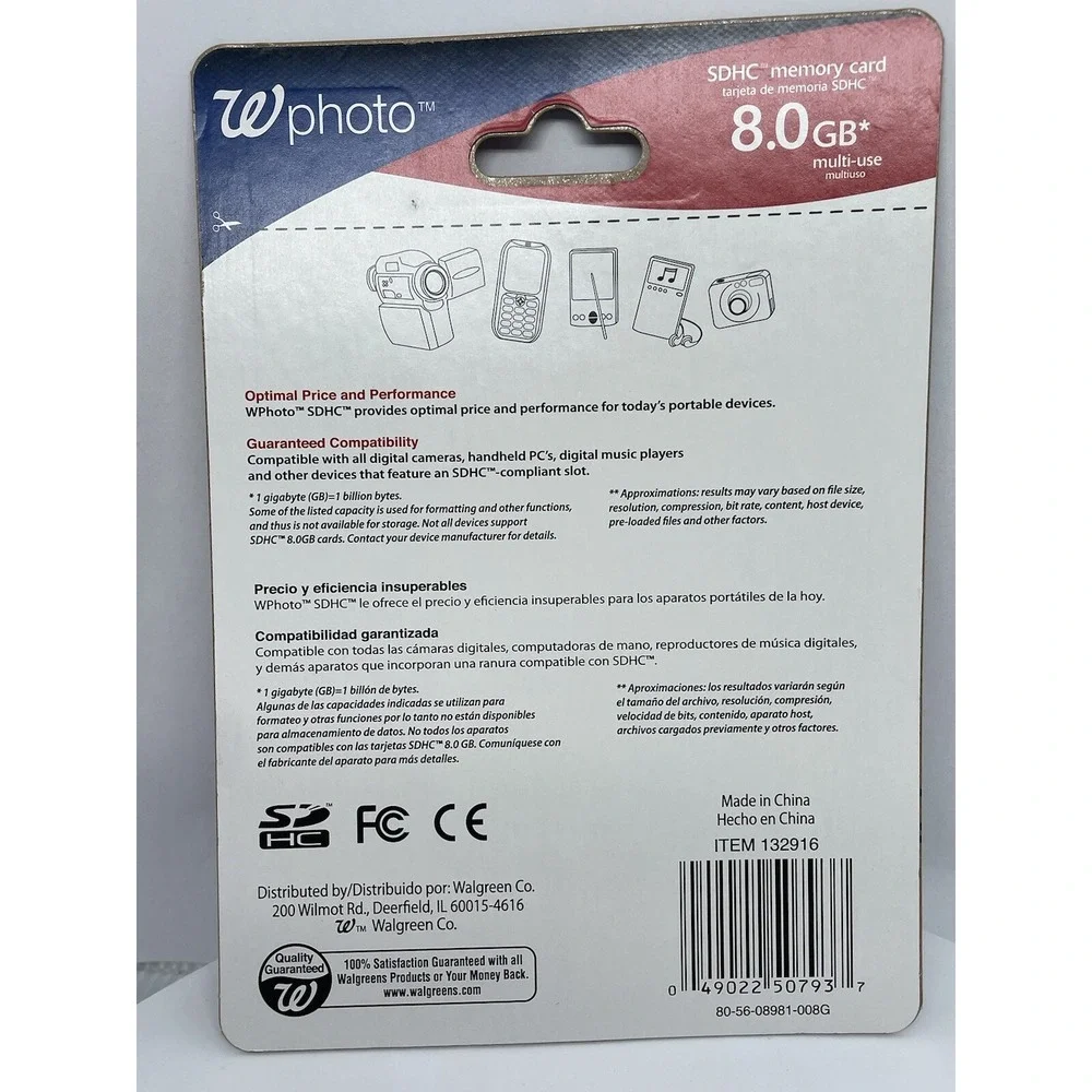 W Photo‎ 8GB SDHC Memory Card Walgreen Memory Card 8.0 Gigabytes NEW